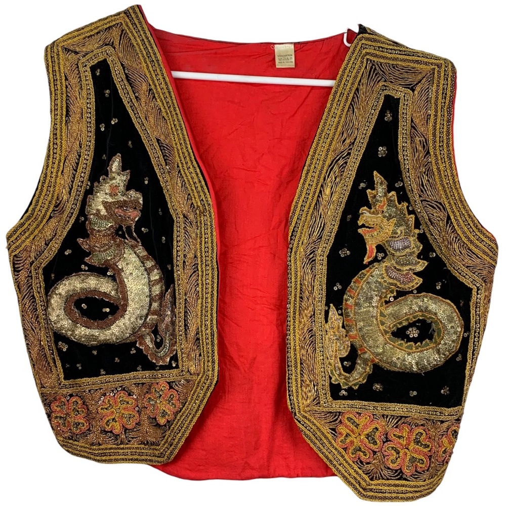 Vintage Velvet Dragon Vest Sequins Hand Embroidered Boho Chic